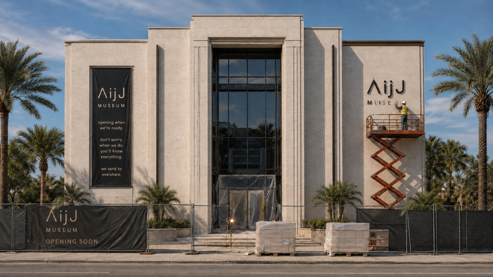 AijJ MUSEUM under construction, with a worker installing the facade lettering and a banner reading opening when we're ready.