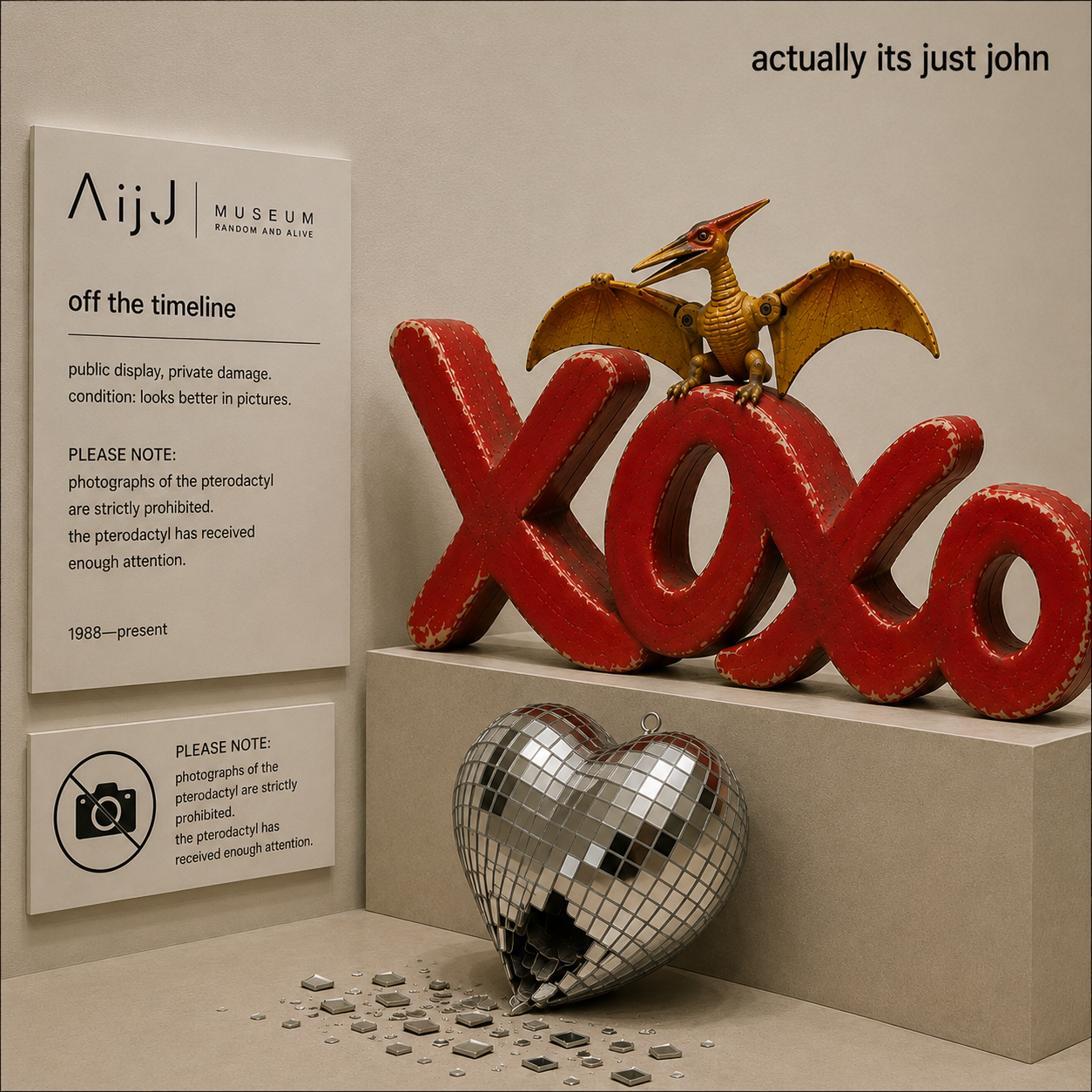 off the timeline cover artwork: a worn red XOXO sculpture, a gold toy pterodactyl and a broken mirrored heart in a concrete gallery.